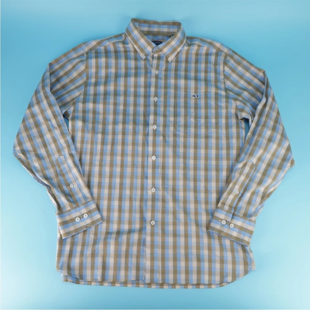 Fish Hippie Solace Collection Tan Blue Plaid Stretch Button Down Shirt Size L